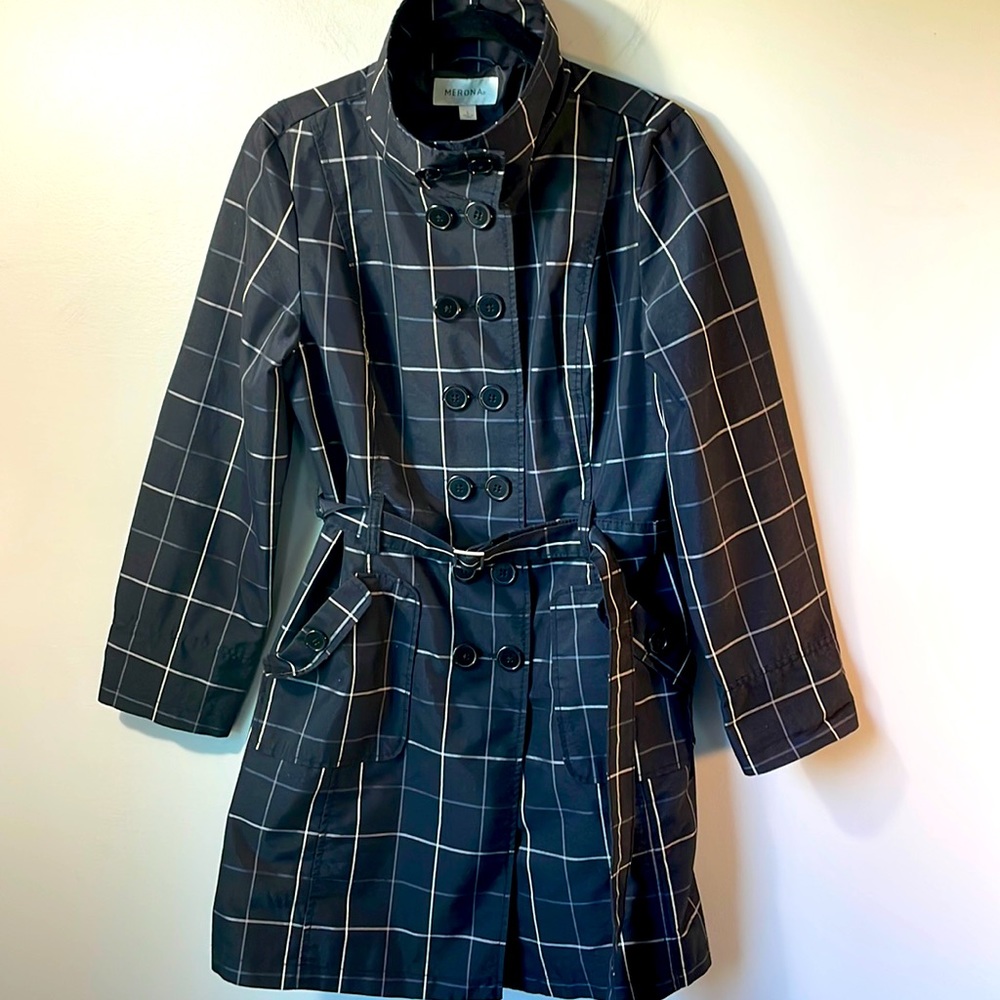 Merona black white windowpane Parisian Chic Trench Coat large funnel neck staple